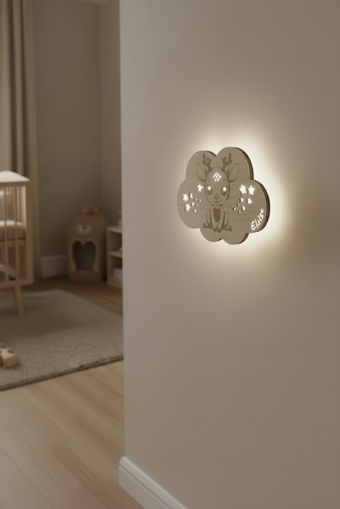 Veilleuse Faon personnalisée en bois – Nomade, rechargeable et évolutive